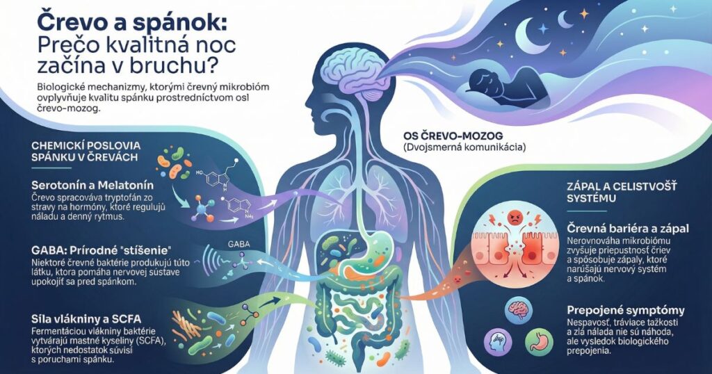 Nespavosť v prechode - biologické súvislosti. Schéma prepojenia čreva a mozgu, vplyv mikrobiómu na spánok, serotonín, GABA, zápal a črevnú bariéru
