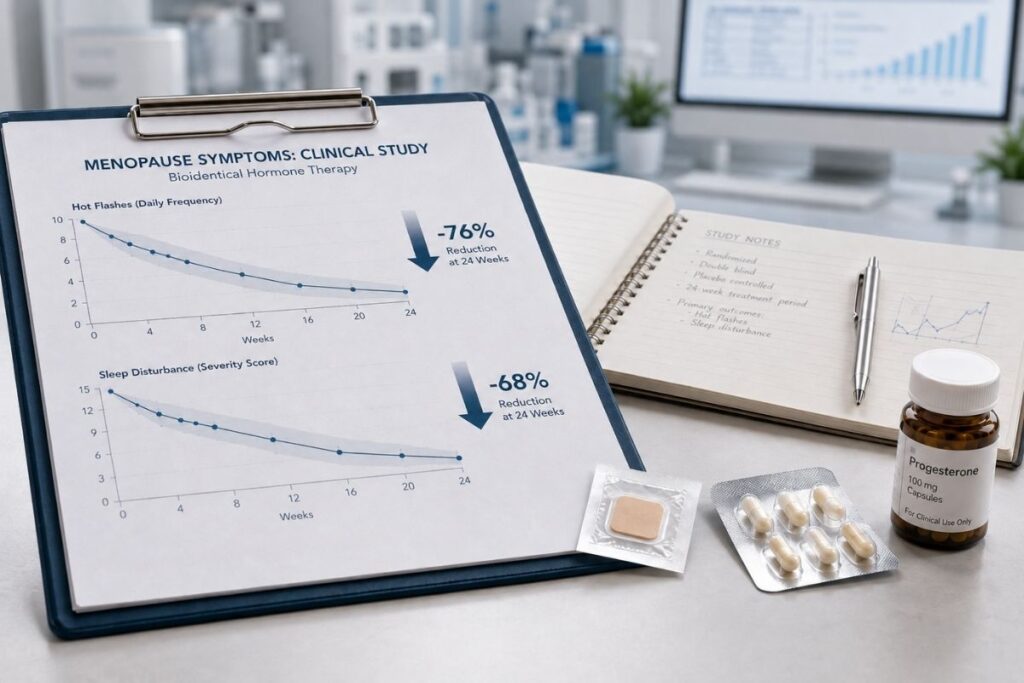 Graf klinickej štúdie s výsledkami bioidentickej hormonálnej terapie v menopauze, pokles návalov horúčavy o 76 % a porúch spánku o 68 % počas 24 týždňov, vedľa transdermálna náplasť a kapsuly progesterónu